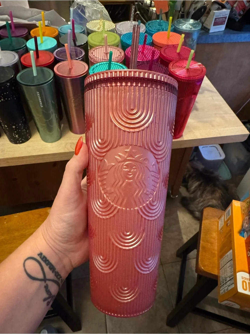 Starbucks Rose Pink Embossed Ribbed Cold Cup with Straw